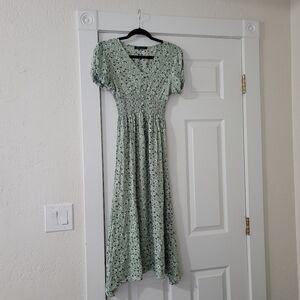 Aesthetic Green Floral Dress, S